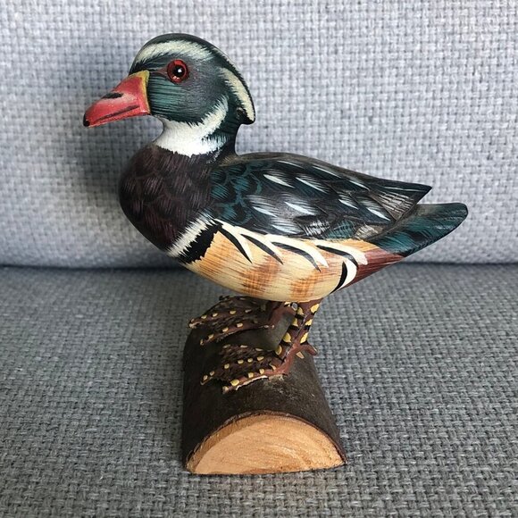 VINTAGE Hand Painted Wood Duck On Small Log 4 x 3 inches - Picture 3 of 12
